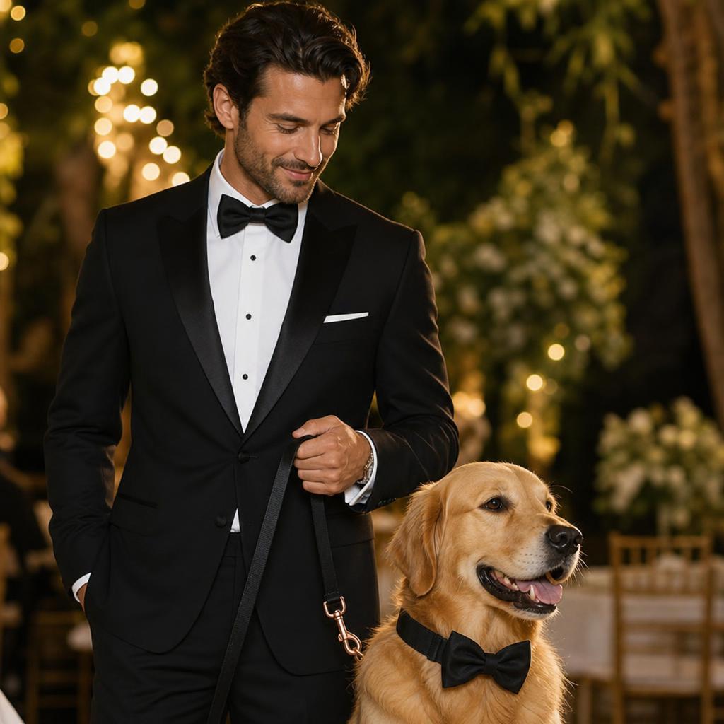 Owner in tuxedo matching with dog wearing black bowtie collar