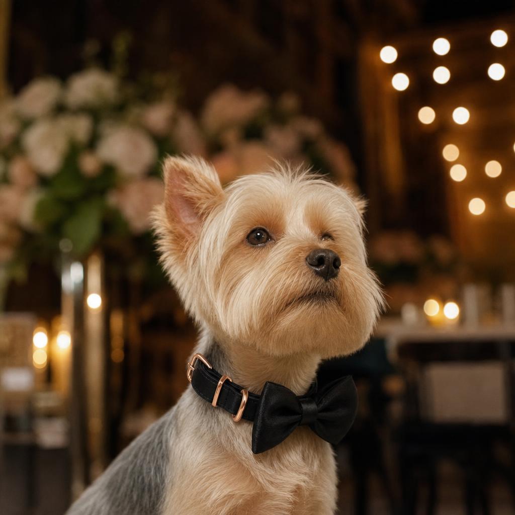 Dog wearing Black Elegant collar with bowtie at a wedding