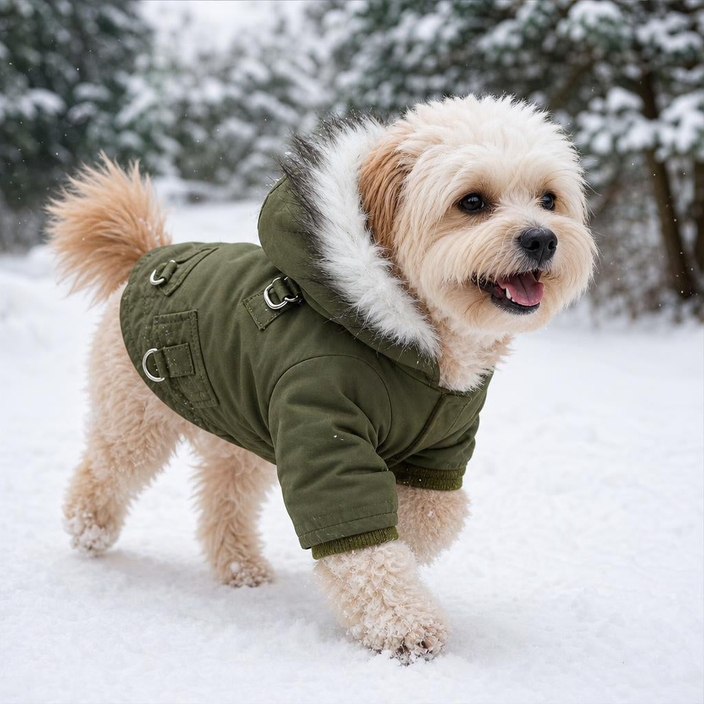 Dog wearing DoggyCoat Built for the Cold in the snow