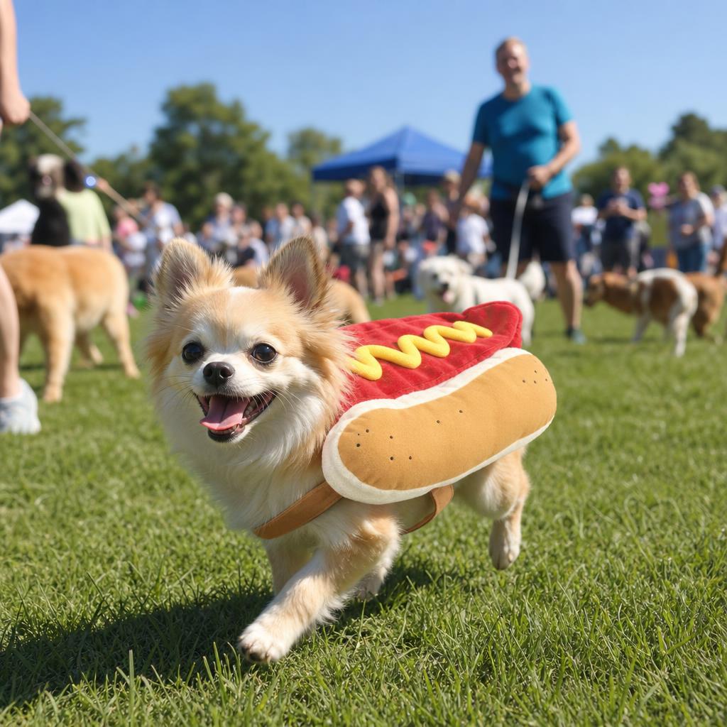 Dog wearing DoggyCostume Hot Dog at a park event