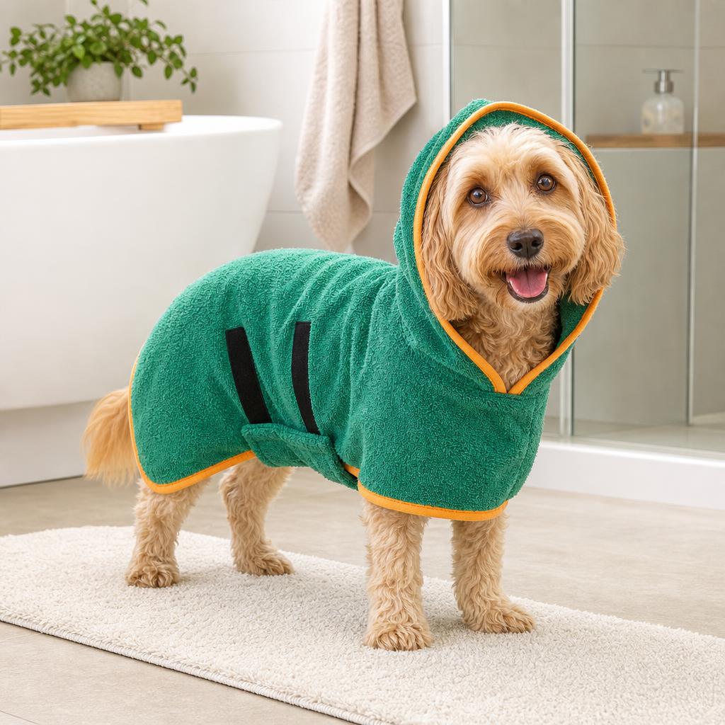 Dog wearing DoggyRobe hooded drying robe