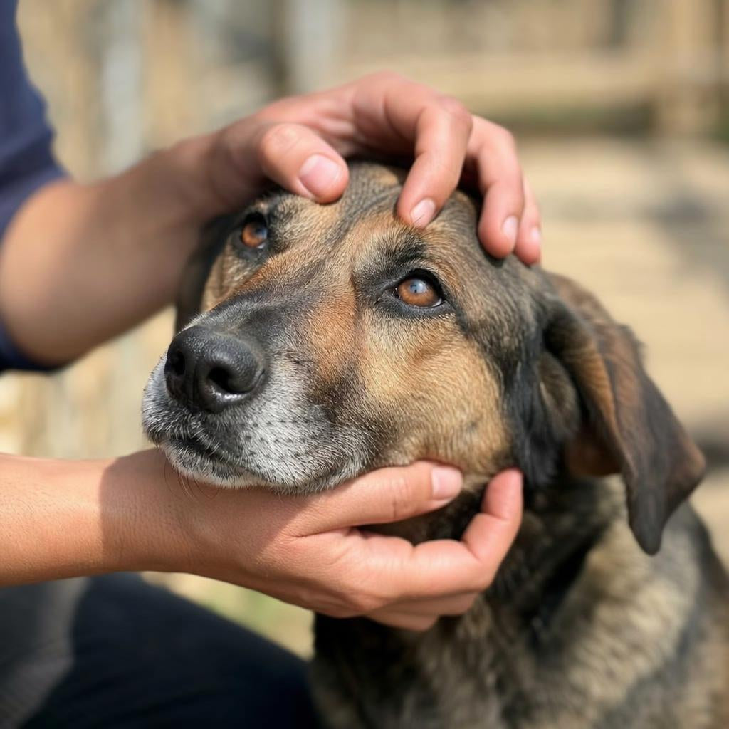Hands petting a rescue dog