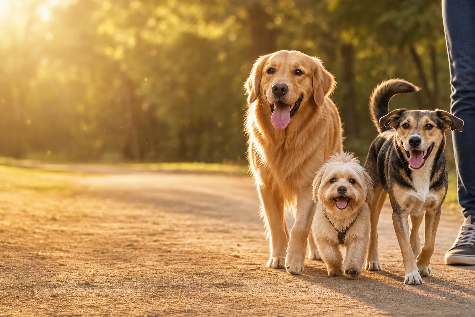 Three dogs of different breeds walking together at golden hour - DoggyPack brand hero
