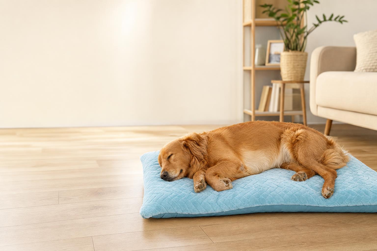 DoggyPack brand hero - dog resting on plush bed