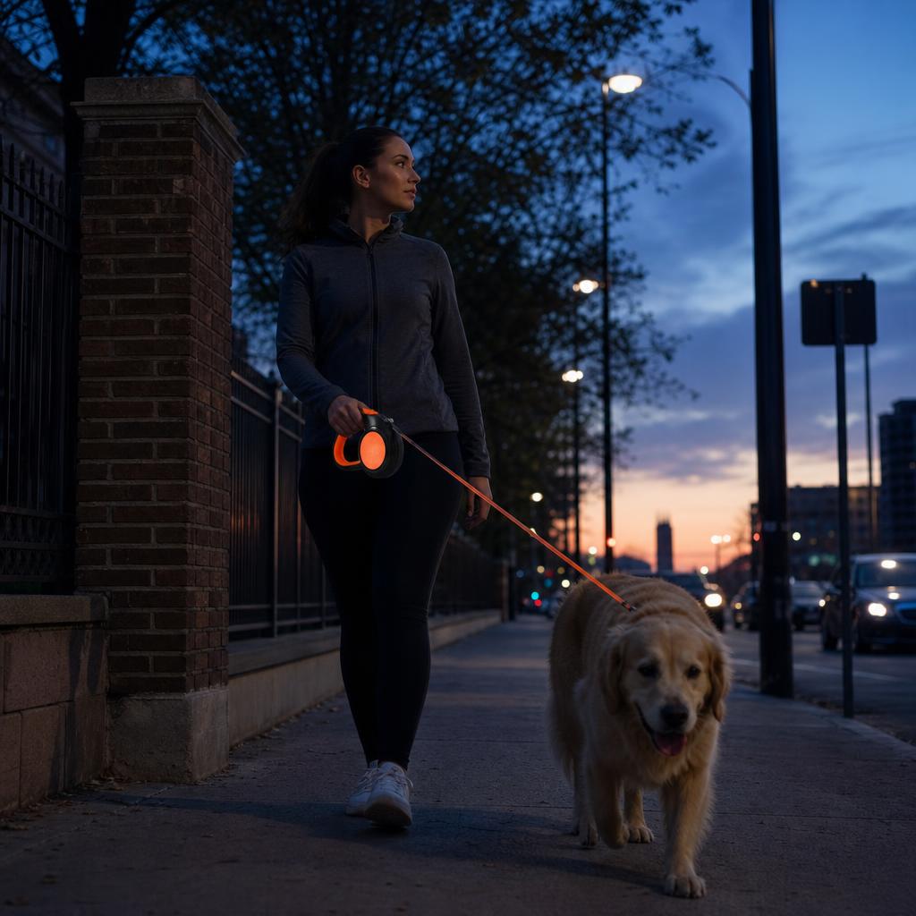 Walking a dog at dusk with the reflective leash glowing