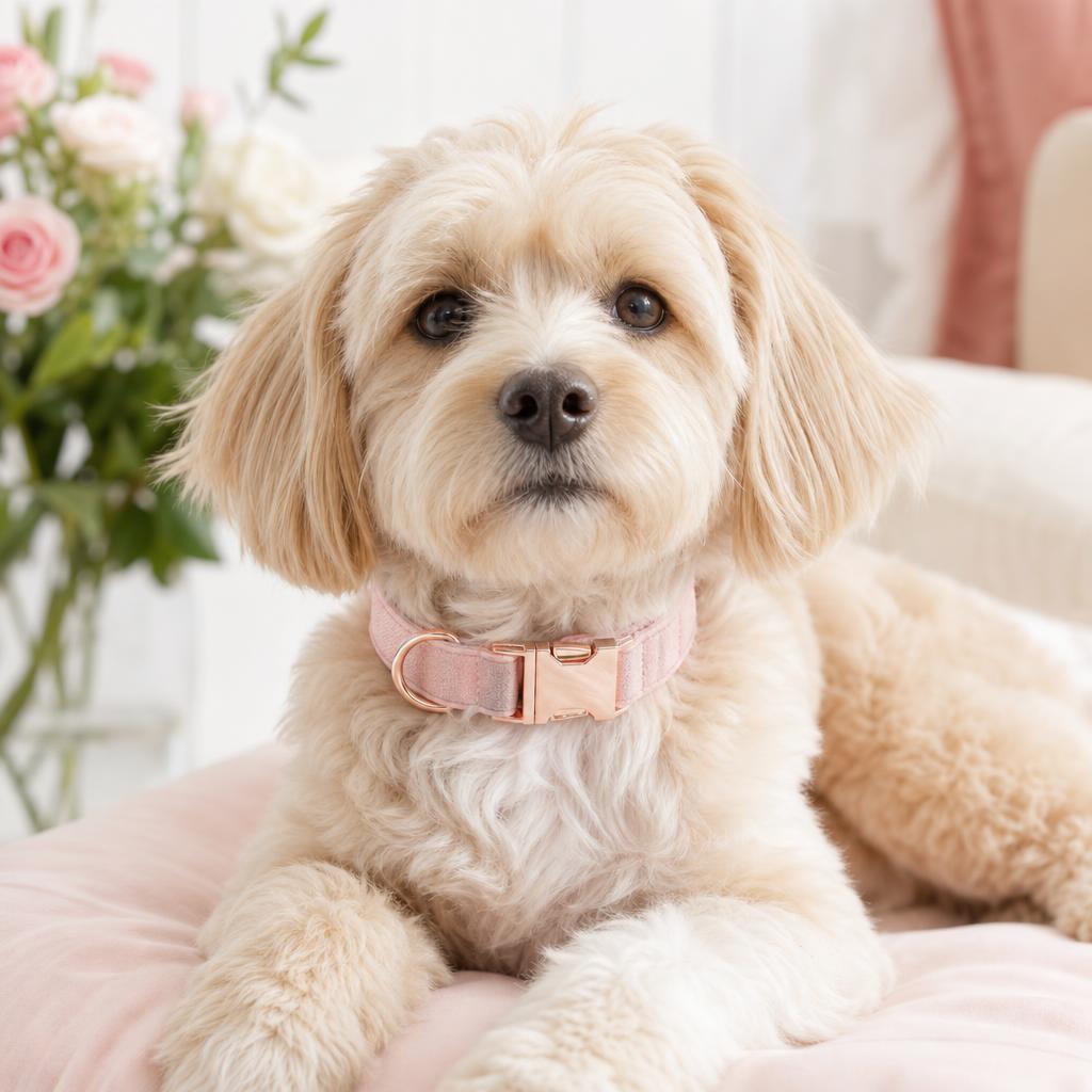 Dog wearing DoggySet Collar & Leash Rose Gold